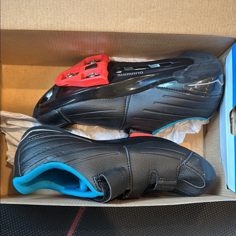 Shimano Black Cycling Shoes with Red and Blue Accents